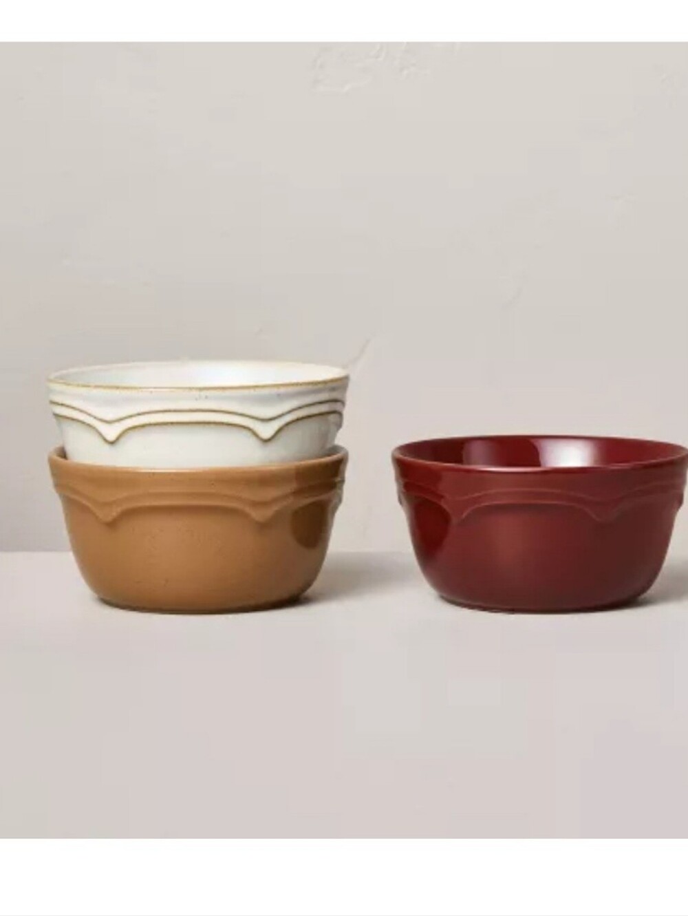 Set of 3 10.21 fl oz Ceramic Mini Bowls Green/Tan/Sour Cream/Burgundy - Hearth &